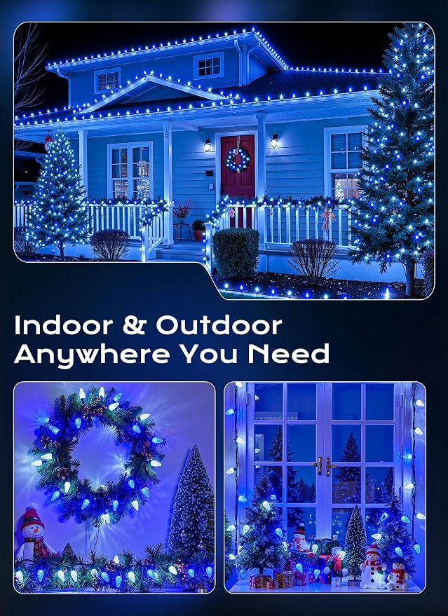 C9 Christmas Outdoor Lights, 72 FT 110 LED C9 String Lights, 8 Modes & Timer Extendable Waterproof for Christmas Tree Indoor Outdoor Roofline Patio Outside Garden Backyard Xmas Decor, Blue White