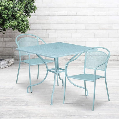 Flash Furniture 35.5" SQ Patio Table Set - 2 Round Back Chairs, Sky Blue | Commercial Grade, Indoor/Outdoor, Steel Frame, Resists UV Fading