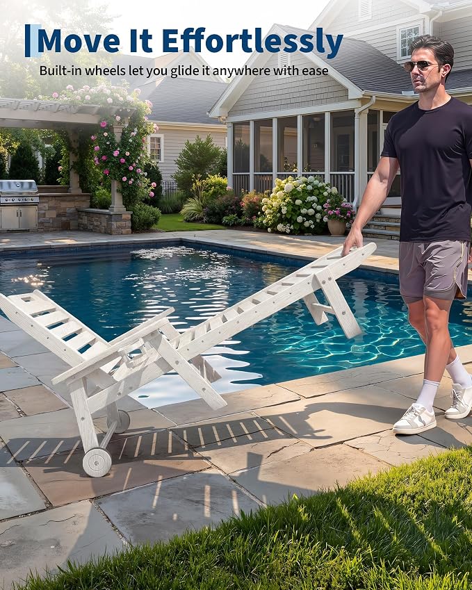 2 Pack HDPE Lounge Chair Outdoor with Cup Holder & 5-Position Backrest | All-Weather & Wood Textured for Patio Poolside Deck Backyard, White