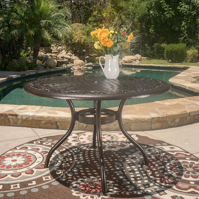 Christopher Knight Home 2-Piece Sarasota Cast Aluminum Outdoor Chairs & 47.75" Phoenix Hammered Bronze Cast Aluminum Round Table