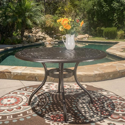 Christopher Knight Home 2-Piece Sarasota Cast Aluminum Outdoor Chairs & 47.75" Phoenix Hammered Bronze Cast Aluminum Round Table