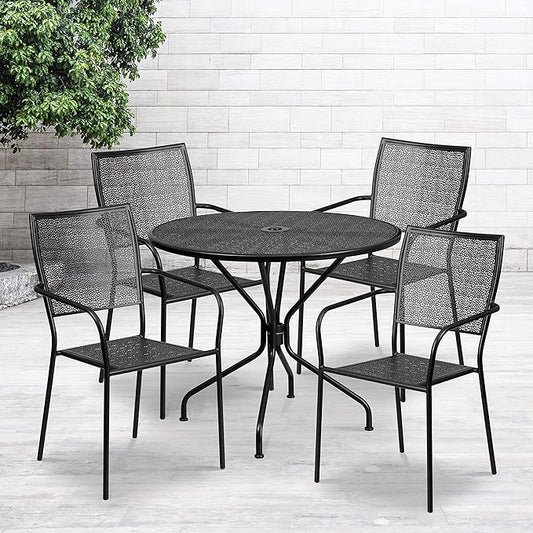 Flash Furniture Oia Commercial Grade 35.25" Round Black Indoor-Outdoor Steel Patio Table Set with 4 Square Back Chairs