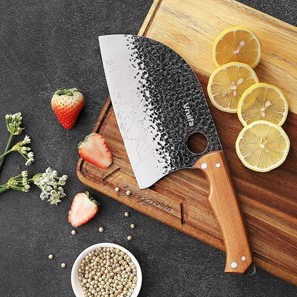 VRUIFA 3 PCS Butcher Knife Set (Serbian, Meat Cleaver, Viking), Hand Forged with Premium Stainless Steel Blades, Ergonomic Wooden Handle Kitchen Knife Set for Home,BBQ, and Camping