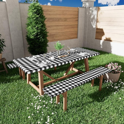 Smiry Picnic Table Cover with Bench Covers, Waterproof Elastic Fitted Tablecloths for 6 Foot Rectangle Tables, Washable Buffalo Plaid Tablecloth for Camping, Outdoor (Black & White, 30"x72")