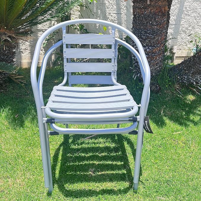 Indoor Outdoor Set of 2 Silver Gray Restaurant Metal Aluminum Slat Stack Chairs Lightweight