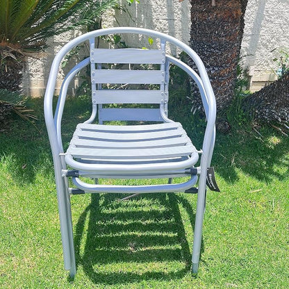 Indoor Outdoor Set of 2 Silver Gray Restaurant Metal Aluminum Slat Stack Chairs Lightweight