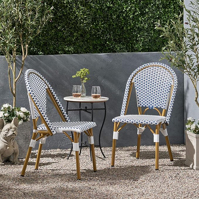 Christopher Knight Home Philomena Outdoor French Bistro Chair (Set of 2), Blue + White + Bamboo Print Finish