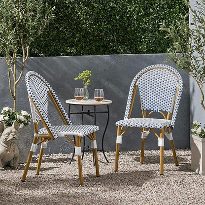 Christopher Knight Home Philomena Outdoor French Bistro Chair (Set of 2), Blue + White + Bamboo Print Finish