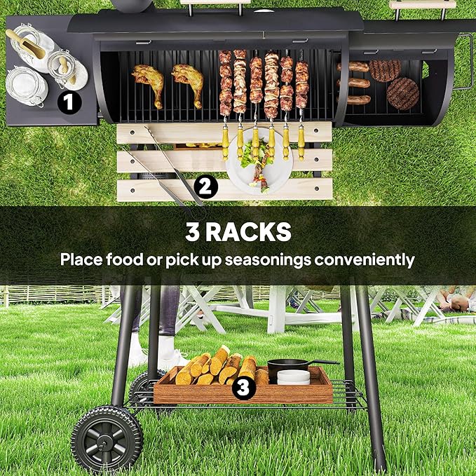 Outsunny Charcoal Grill with Offset Smoker, 231 Sq.In. Cooking Area, Barrel BBQ Grill and Smoker Combo with Side Tables, Shelf, Thermometer, Wheels for Outdoor Patio Backyard Party Event Gathering