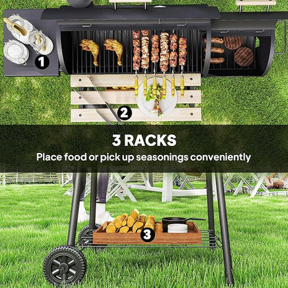 Outsunny Charcoal Grill with Offset Smoker, 231 Sq.In. Cooking Area, Barrel BBQ Grill and Smoker Combo with Side Tables, Shelf, Thermometer, Wheels for Outdoor Patio Backyard Party Event Gathering