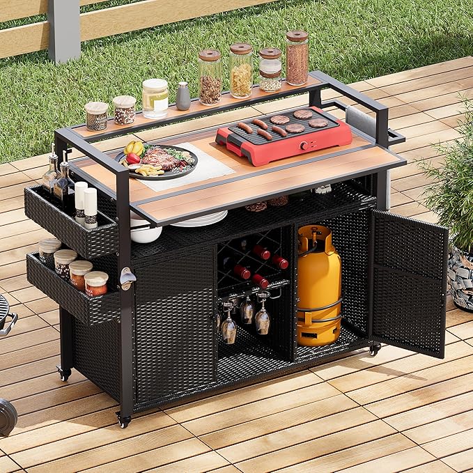 52.8" W Wicker Outdoor Grill Cart with Extended Plastic Wood Table Top,Rolling Kitchen Island on Wheels with Cabinet and Double Handle,for Patio Backyard Garden Poolside (Black Brown#t)