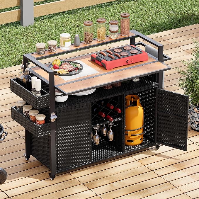 Outdoor Grill Cart BBQ Prep Station, Double Tabletop Rolling Wicker Kitchen Island with 7 Adjustable Shelves & Wine Rack, Weather-Resistant Storage Cabinet for Patio Backyard Garden, Black