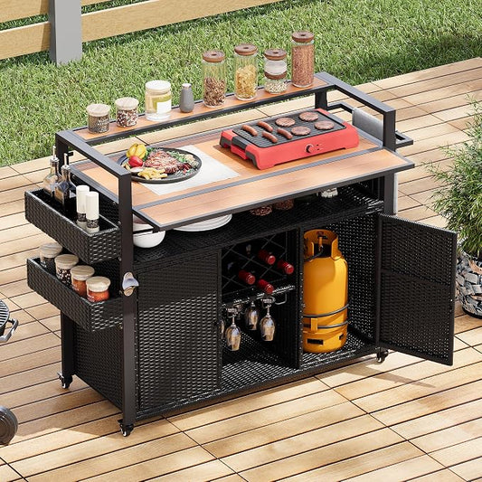 Outdoor Grill Cart BBQ Prep Station, Double Tabletop Rolling Wicker Kitchen Island with 7 Adjustable Shelves & Wine Rack, Weather-Resistant Storage Cabinet for Patio Backyard Garden, Black