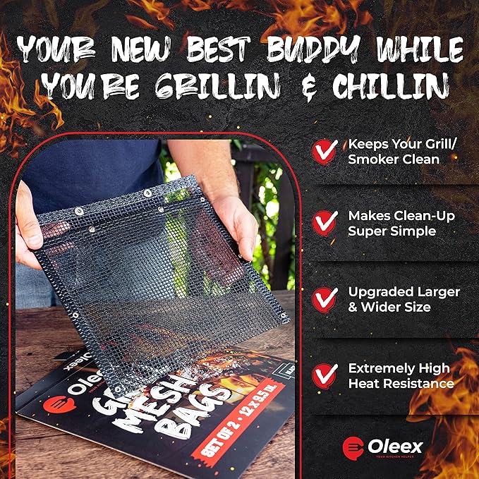 Oleex Non-Stick Large BBQ Grilling Bags + Basting Brush - Reusable PTFE Mesh Indoor Outdoor Charcoal Barbecue Grill Bag Accessories, Heat-Resistant Up to 500 F, Easy to Clean, Dishwasher-Safe