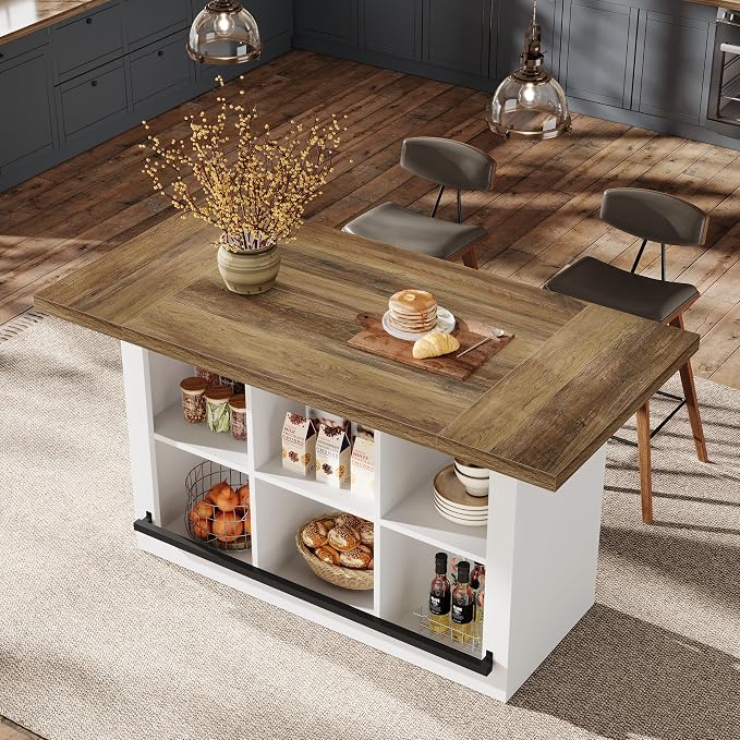 Tribesigns Kitchen Island with Storage, Farmhouse Island Bar, Brown&White | 62.6" Wooden Stationary Kitchen Storage Island Counter Height with 6 Open Cubbies and Footrests for Dining Room, Vintage