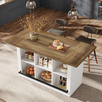 Tribesigns Kitchen Island with Storage, Farmhouse Island Bar, Brown&White | 62.6" Wooden Stationary Kitchen Storage Island Counter Height with 6 Open Cubbies and Footrests for Dining Room, Vintage