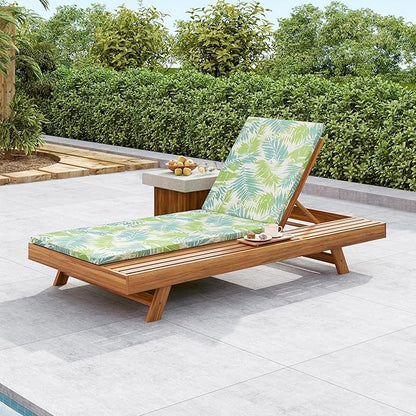 Christopher Knight Home Kayes Acacia Wood Chaise Lounge with 2'' Cushion, Outdoor 79'' Patio Recliner Chair with 4-Position Adjustable Backrest, Sun Lounger for Poolside Backyard, Teak+Green Leaf