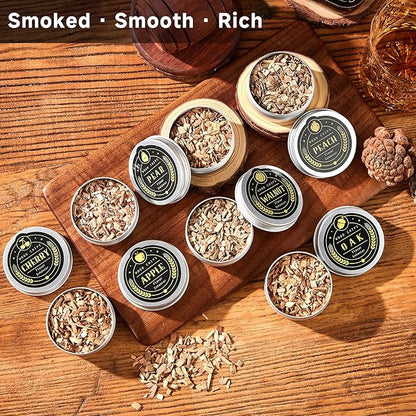 ComboJoy 12 Flavor Cocktail Smoker Wood Chips Gift Set for Men - Cinnamon, Cloves, Orange Peel, Cardamom, Rose, Ginger, Pear, Peach, Cherry, Apple, Oak, Walnut for Whiskey/Bourbon/Drinks Smoke Gun