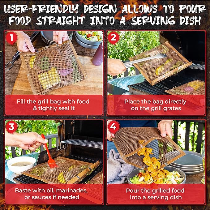 Oleex Non-Stick Large BBQ Grilling Bags Copper Color + Basting Brush - Reusable PTFE Mesh Indoor Outdoor Charcoal Barbecue Grill Bag Accessories, Heat-Resistant Up to 500 F, Dishwasher-Safe