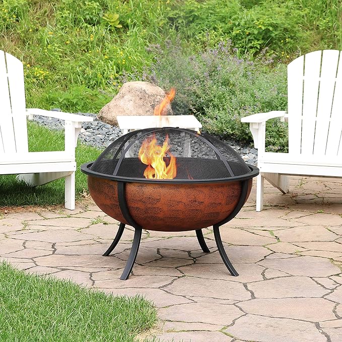 Sunnydaze 32-Inch Fire Pit for Outside - Wood-Burning Fire Pit Bowl with Spark Screen, Wood Grate, and Poker - Copper