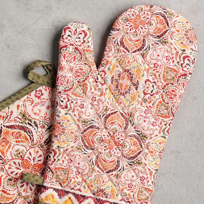 Maison d' Hermine 100% Cotton Oven Mitt & Pot Holder Set (7.5"x13" & 8"x8") | Heat Resistant BBQ Cooking Gloves with Loop Baking Grilling Kitchen Hotel Home Farmhouse Thanksgiving Christmas - Damask