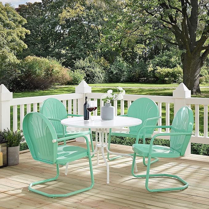 Crosley Furniture Griffith 5-Piece Outdoor Dining Set for 4, Retro Metal Round Patio Table and Chairs, White and Aqua