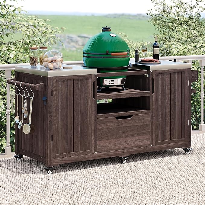 Outdoor Grill Cart Table for Large Big Green Egg Accessories 66.5’’ Solid Wood Kitchen Storage Island Prep Station with Stainless Steel Top for BBQ, Dark Brown