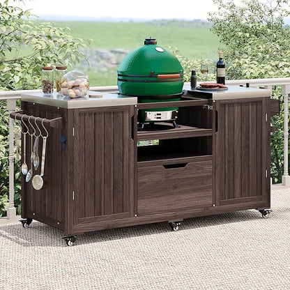 Outdoor Grill Cart Table for Large Big Green Egg Accessories 66.5’’ Solid Wood Kitchen Storage Island Prep Station with Stainless Steel Top for BBQ, Dark Brown