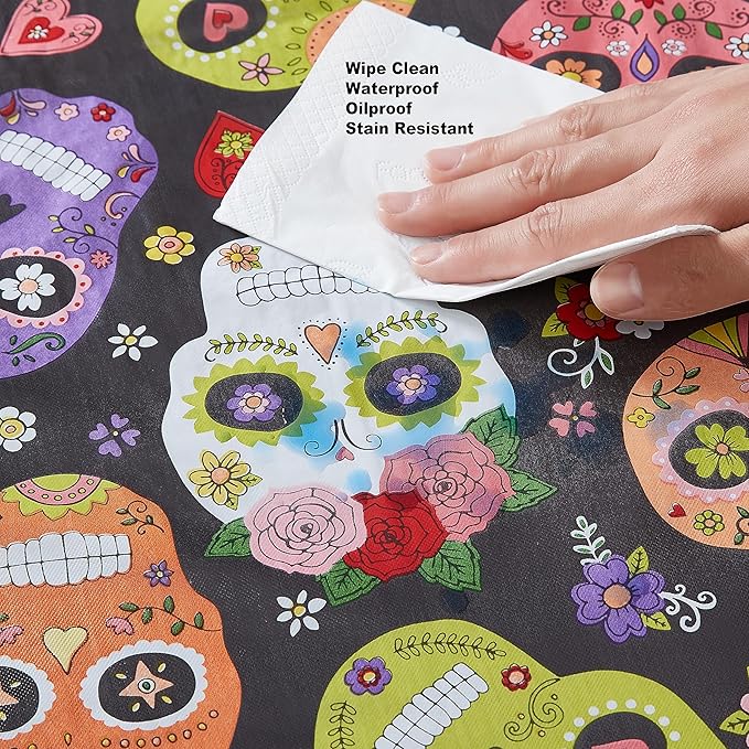 Newbridge Sugar Skull Oval Vinyl Tablecloth with Flannel Backing, Waterproof Wipe Clean Table Cover for Indoor Outdoor Kitchen Dining Use, Picnic and Barbecue, 60 x 84 Inch Oval