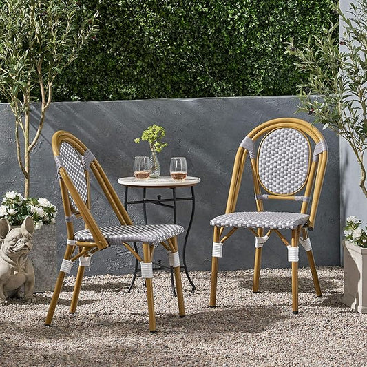 Christopher Knight Home Gwendolyn Outdoor French Bistro Chairs (Set of 2), Gray + White + Bamboo Print Finish