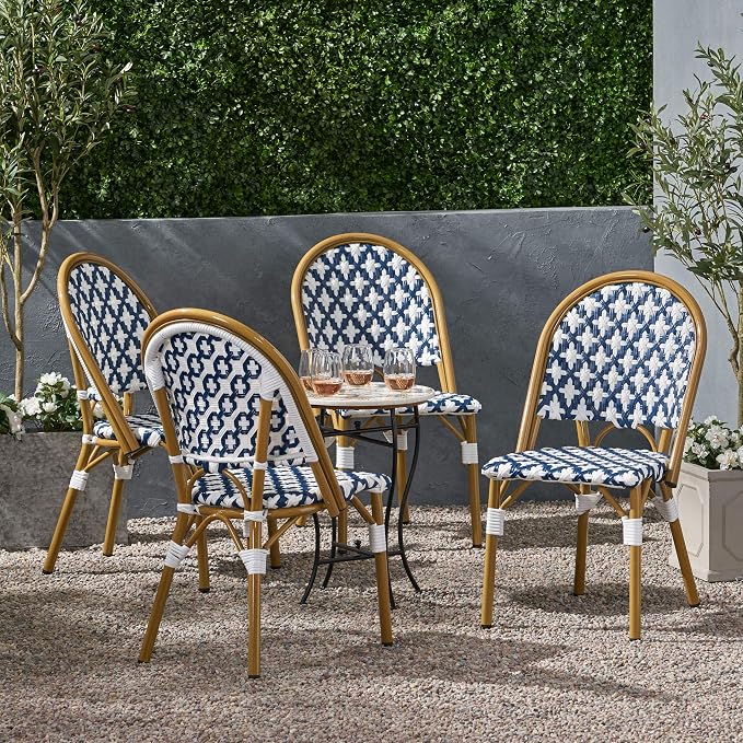 Christopher Knight Home Anastasia Outdoor French Bistro Chair (Set of 4), Blue + White + Bamboo Print Finish