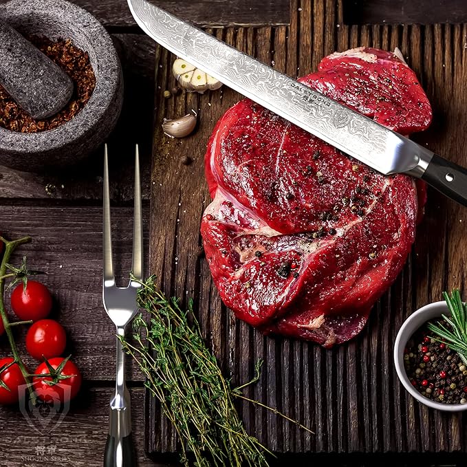 Dalstrong Slicing Brisket Knife Set Meat Fork - Carving Set - AUS-10V Japanese Steel - Premium G10 Handle - Sheath - Shogun Series Butcher Knife - Carving Knife - Slicer Boning Knife for Meat Cutting