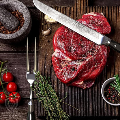 Dalstrong Slicing Brisket Knife Set Meat Fork - Carving Set - AUS-10V Japanese Steel - Premium G10 Handle - Sheath - Shogun Series Butcher Knife - Carving Knife - Slicer Boning Knife for Meat Cutting