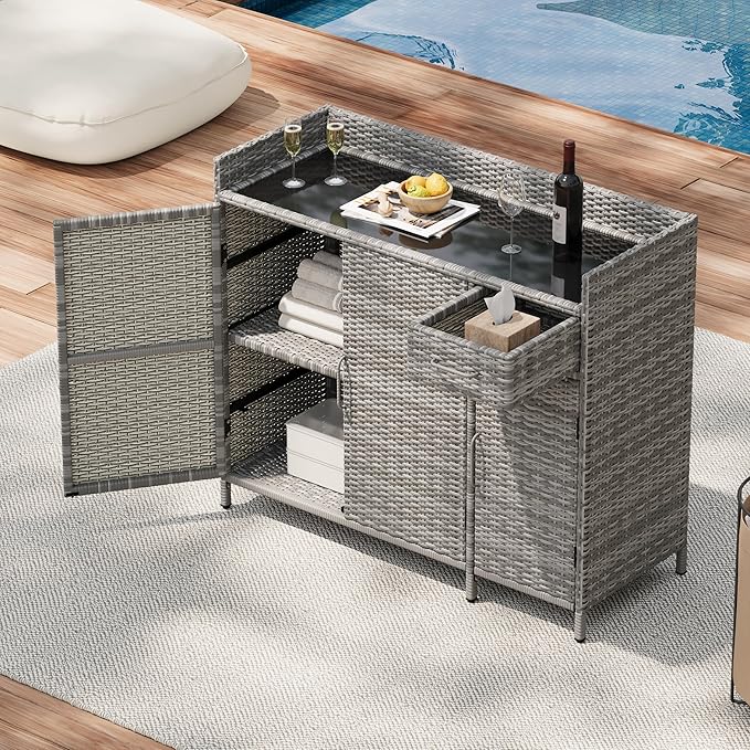 Merax 47.5" Wicker Outdoor Storage Cabinet with Tempered Glass Desktop, Weather-Proof Rattan Bar Table with 3 Doors, Adjustable Shelf, 1 Drawer for Outdoor Cushions, Pool Toys, Garden Tools, Grey