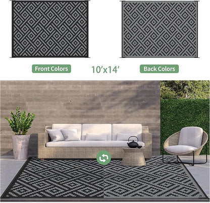 GENIMO Outdoor Rug, Waterproof Plastic Rugs 10'x14' for Camping Black Grey | Outside Larger Modern Carpet Mat for Patio Decor, RV, Porch, Camper, Deck, Picnic, Beach, Backyard, Reversible, Foldable