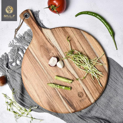 BILL.F Acacia Wood Pizza Peel,10" Cutting Board, Cheese Paddle Board, Bread and Crackers Platter for Serving and Minor Food Prepare with Handle - 14x 10 x 0.5 Inch