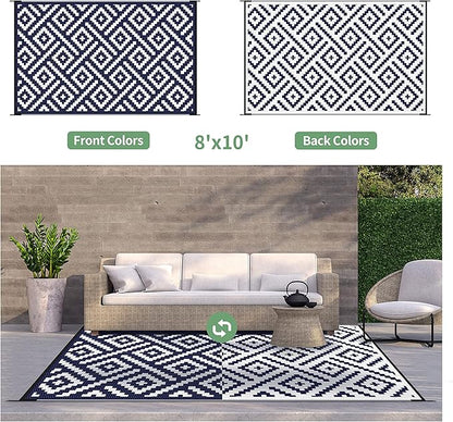 GENIMO Outdoor Rug, Waterproof Plastic Rugs for Patio, 8'x10' Blue White | Outside Larger Modern Carpet Mat for Porch Decor, Deck, Balcony, Camping, RV, Backyard, Picnic, Beach, Reversible, Foldable