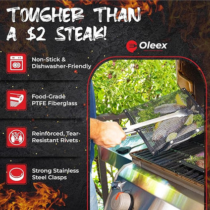 Oleex Non-Stick Large BBQ Grilling Bags + Basting Brush - Reusable PTFE Mesh Indoor Outdoor Charcoal Barbecue Grill Bag Accessories, Heat-Resistant Up to 500 F, Easy to Clean, Dishwasher-Safe