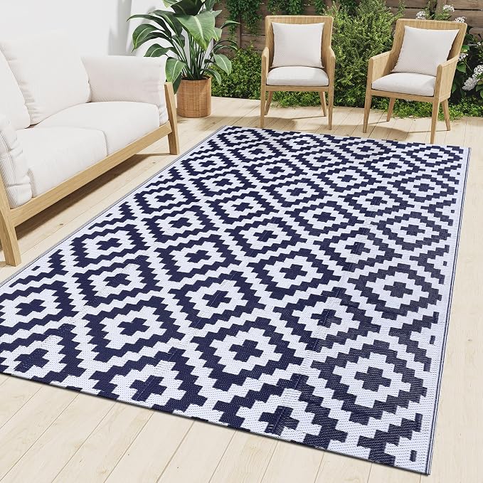 Smiry Outdoor Rug 9x18 ft Waterproof Reversible Boho Mat, White & Navy | Polypropylene Plastic Straw, Quick Drying, Lightweight Foldable, for Patio, Deck, RV Camping, Backyard and Indoor Outdoor Use