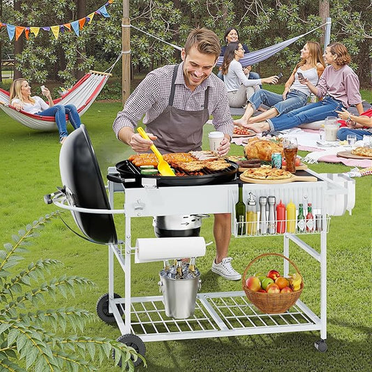 Shintenchi Grill Table for Weber 22" & 18" Original Kettle, Outdor Grill Cart with Wheels, Movable Outdoor Prep Table Cooking Station for JumboJoe Master-Touch Charcoal Grill