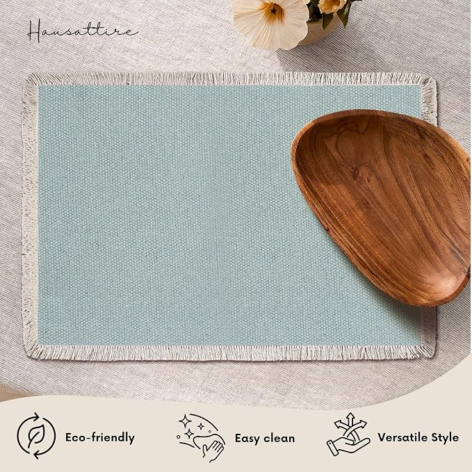 Hausattire Cotton Frayed Placemats Set of 4 Dining Table 13x19 Inch | Rustic Vintage Boho Washable Easter Placemat for Outdoor Parties BBQ's Wedding,Special Occasions, Nubby Cotton - Blue