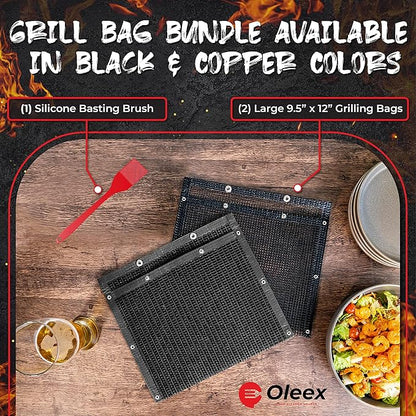 Oleex Non-Stick Large BBQ Grilling Bags + Basting Brush - Reusable PTFE Mesh Indoor Outdoor Charcoal Barbecue Grill Bag Accessories, Heat-Resistant Up to 500 F, Easy to Clean, Dishwasher-Safe