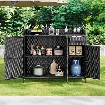 RUNNA Wicker Outdoor Storage Cabinet with Tempered Glass Desktop, Weather-Proof Rattan Bar Table with Three Doors, Adjustable Shelf, and One Drawer, for Outdoor Cushions, Pool Toys (Black Brown@045)