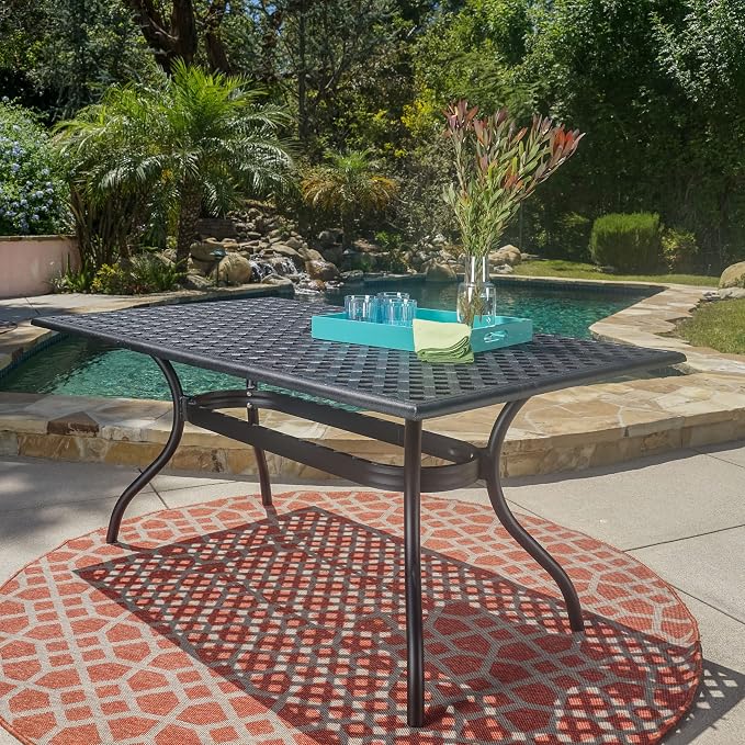 Christopher Knight Home Cayman Black Sand Cast Aluminum Rectangle Table and Hallandale Antique Matte Black Cast Aluminum Chairs, 2-Piece Set