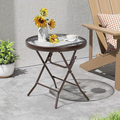Foldable Side Table with Tempered Glass Top, Brown | 18" Small Patio Side Tables Outdoor for Porch Yard Balcony Deck Lawn Garden