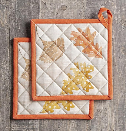 Maison d' Hermine Pot Holders Set 100% Cotton Heat Resistant Potholders 8" x 8" Hot Pads with Loop for Thanksgiving Christmas Decorations BBQ Baking Handling Hot Pans (Pack of 2, Colours of Autumn)