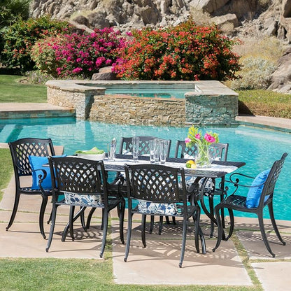 Christopher Knight Home Cayman Outdoor 6-Seater Cast Aluminum Dining Set, 7-Pcs Set, Black Sand Hallandale Outdoor Cast Aluminum Chairs, 2-Pcs Set, Antique Matte Black