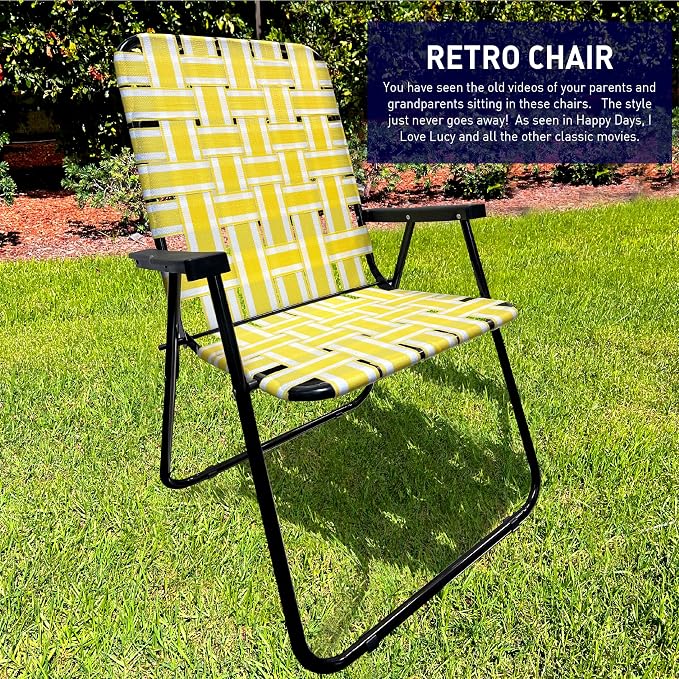 Lawn Chair Folding Steel Webbing Chaise Patio Lounger Seat Wood Handles Great for Camping, Beach, Fishing, Backyard, Stadium, Pool, Boating, and Sports 4 Pack Yellow Stripes