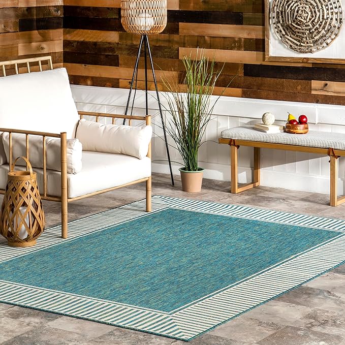 nuLOOM Asha Teal Bordered Power Loomed Indoor/Outdoor Area Rug, 7' x 9'