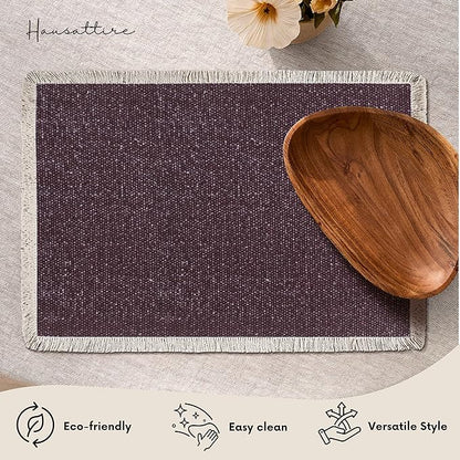 Hausattire Cotton Frayed Placemats Set of 4 Dining Table 13x19 Inch | Rustic Vintage Boho Washable Easter Placemat for Outdoor Parties BBQ's Wedding,Special Occasions, Nubby Cotton - Plum